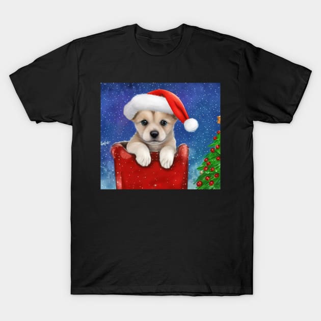 Cute Christmas Pomeranian Puppy T-Shirt by Mary'sDesigns